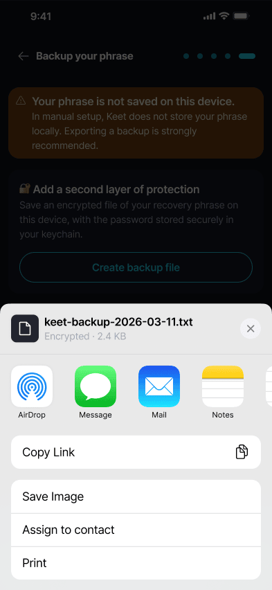 Back Up Your Profile Keet opens the native export/share dialog to save the file.