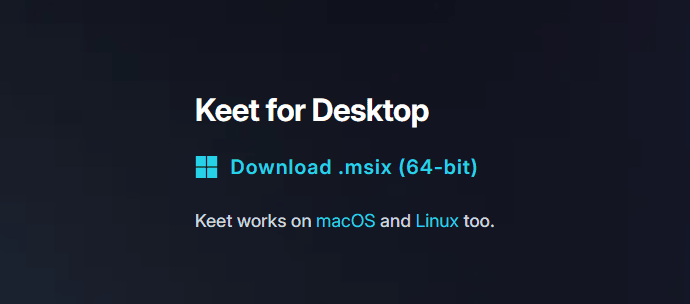 Installation · Windows Keet download page with the Windows installer on keet.io.