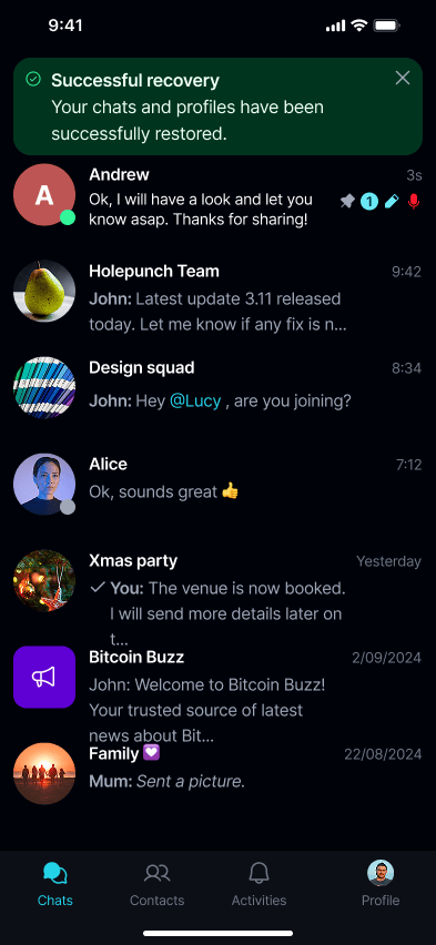 Recover a Profile A 'Successful recovery' message confirms your chats and profile are restored.