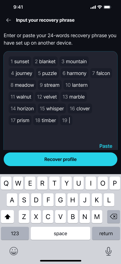 Recover a Profile Keet numbers each word of the recovery phrase as you type.